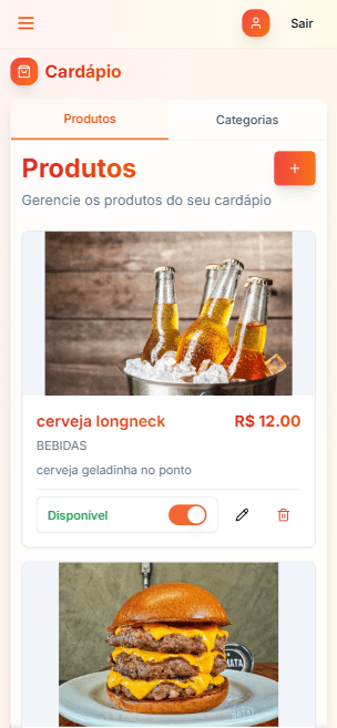 Tela de gerenciamento de produtos